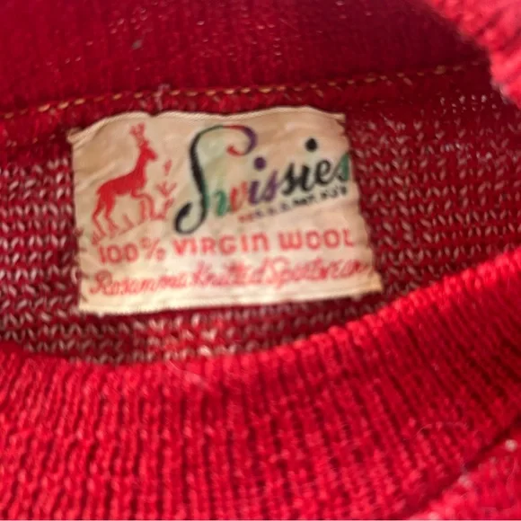 Vintage 1940s Sweater4 DeerNoveltyRedWoolS M40sSki